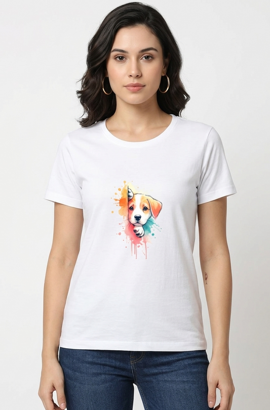 Artistic cute Dog Graphic T-Shirt for Women | Watercolor Puppy Print Tee | Aesthetic Casual Wear